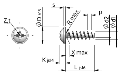 Linsehovedskrue med påtrykket skive og Z-krydskærv-iskruning, WN1411, STP21A