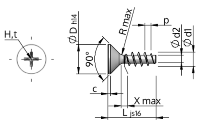 Skruv med sänkhuvud, med krysspår H, WN1413, STP33A